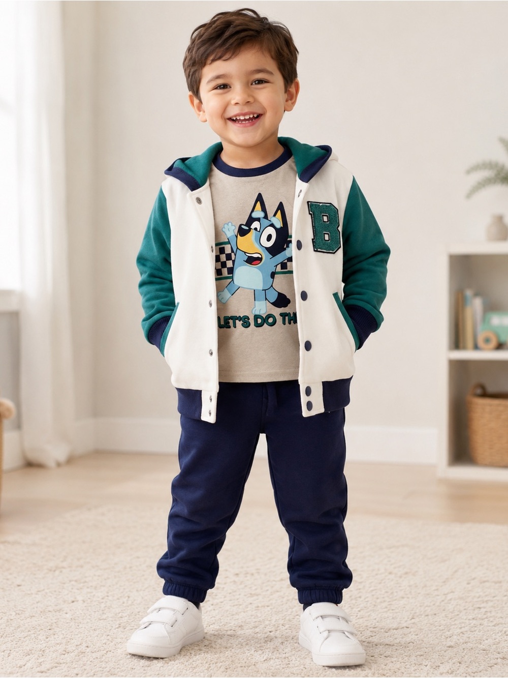 🐞Toddler Navy, Teal & Cream Hooded Pajama Set with Graphic Tee
